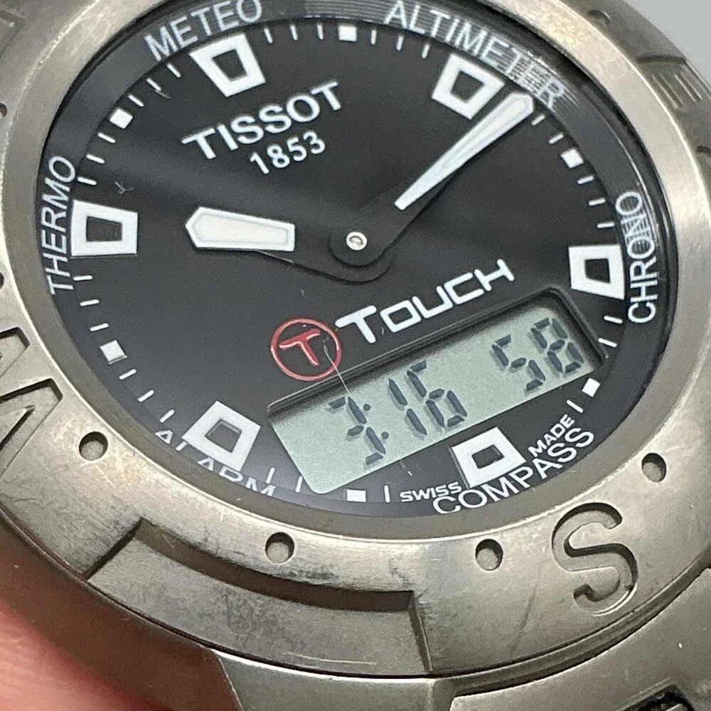 Tissot T-Touch Mens Watch 40mm Black Dial Titanium Bracelet New Battery 7.5